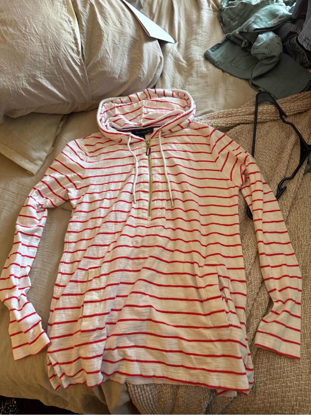 Tommy Hilfiger Striped Hooded Pullover Sweatshirt - Red & Cream